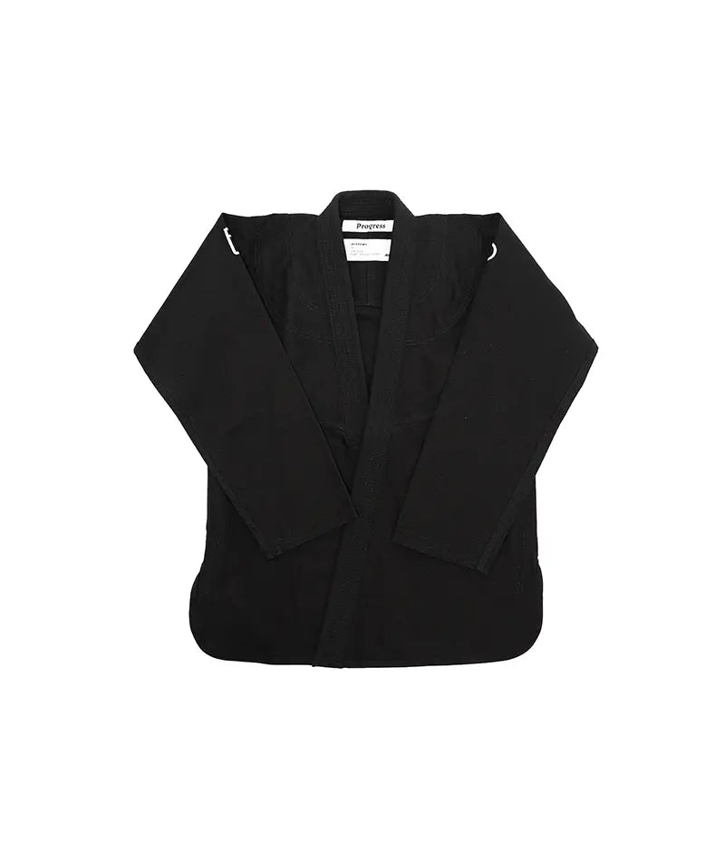 Kimono Brazilian Jiu Jitsu PROGRESS Copii Negru poza facuta din partea din fata cu fundal alb